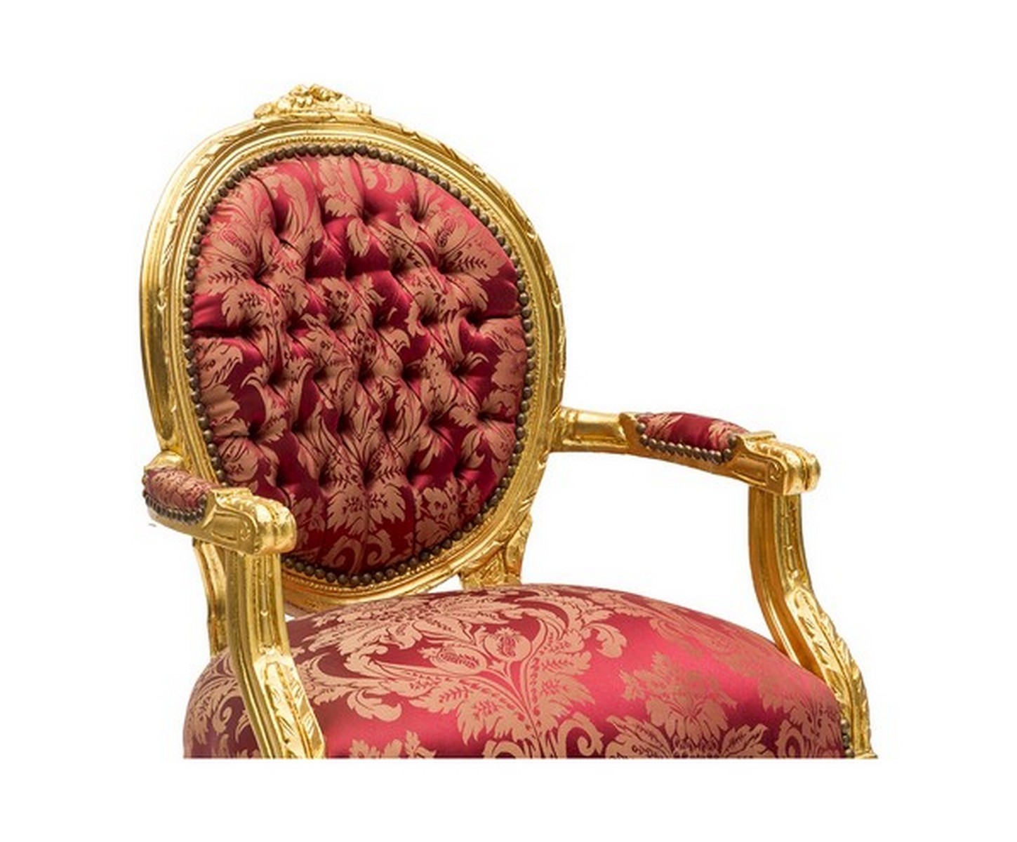 Poltrona medaglione oro tessuto rosso damascato stile barocco
