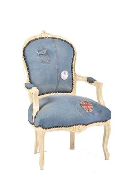 Poltrona barocco sedia Luigi XVI legno bianco tessuto jeans brac