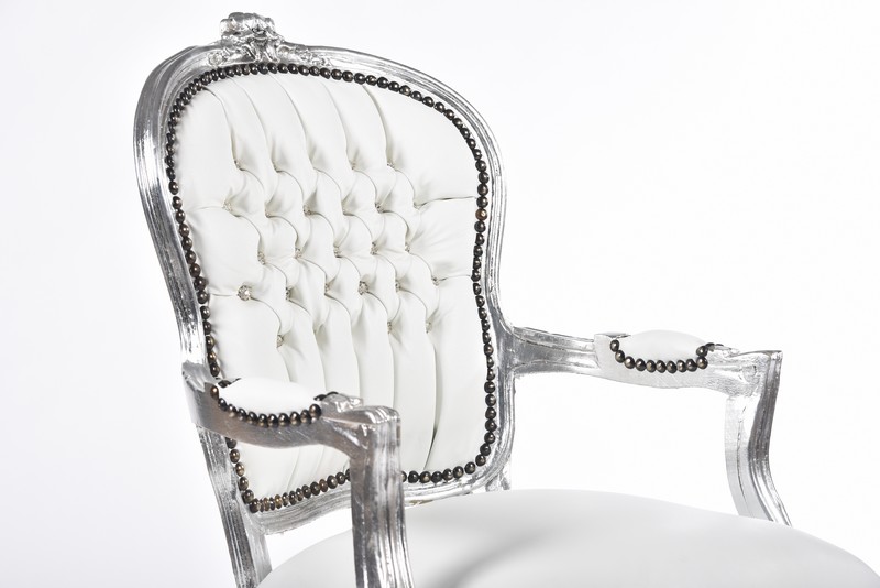 Poltrona sedia barocco legno bianco argento Luigi XVI pelle brac