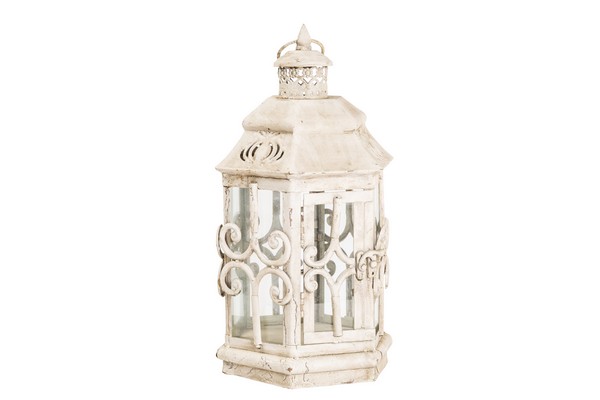 Lampada lanterna 37cm bianca ferro vetro vintage esagonale