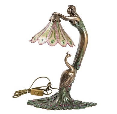 Lampada stile Tiffany da tavolo comodino pavone donna liberty